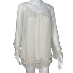 Small Amanti Made In Italy Silk Blend Lace Trim Cream Tunic Top Coastal Cowgirl